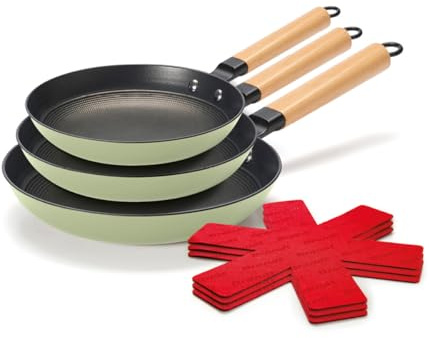 QDESIGN Lot de 3 Poêles ultra légère en fonte structure nid d'abeille, manche en bois + 3 protège-poêles, extra anti-adhésif anti-rayures sans PFOA - tous feux dont induction - Vert, Ø 20/24/28 cm