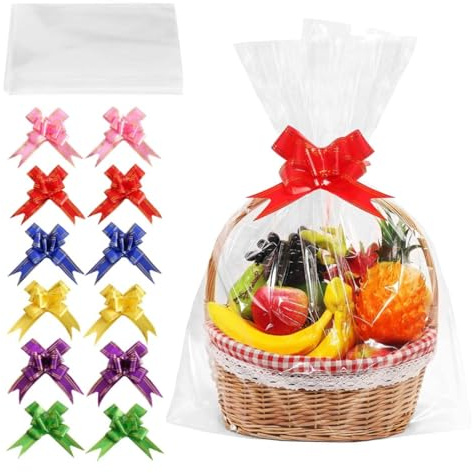 MtnLaur 12 bolsas grandes de celofán para cestas con lazos, bolsas de celofán transparente para cestas de regalo, 70 cm x 52 cm, envoltura de celofán para cestas, embalaje de regalos, bodas