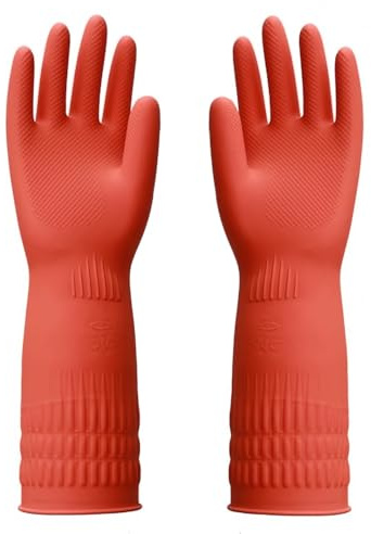 YIOIY Reusable Household Gloves,Rubber Dishwashing Gloves,Extra Thickness,Long Sleeves,Kitchen Cleaning,Indoor and Outdoor Cleaning (Red, S)