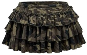 GORGLITTER Jupe Mini pour Femmes Y2K Jupe Courte avec Camouflage Multicouche Jupe de Fête Courte Taille Élastique Jupe Plissé avec Ourlet Volanté Tenue de Festival, Vert armée., XL