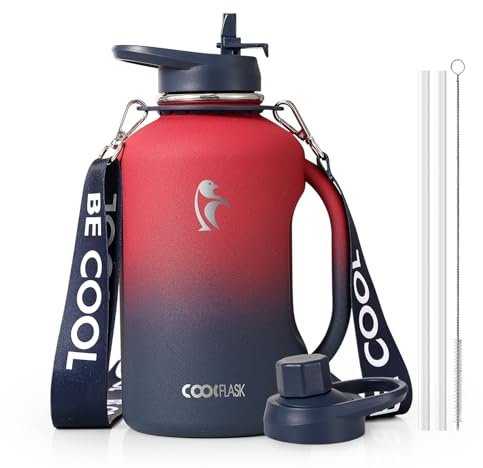 Coolflask Half Gallon Water Bottle with Straw, 1.2L Insulated Stainless Steel Water Jug with Handle Metal Double-Walled Vacuum Large Flask with Strap Leakproof, Keep Cold 48H Hot 24H, Wine/Navy