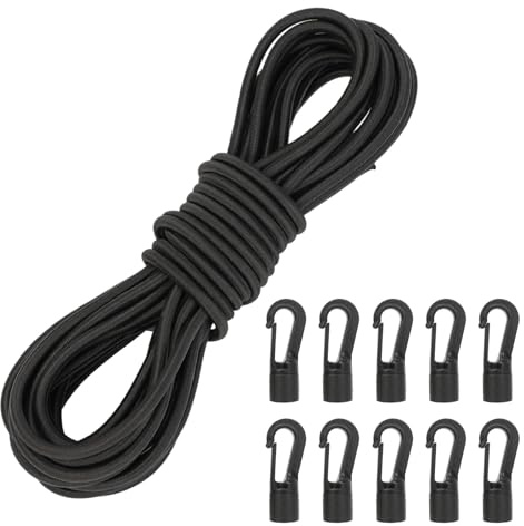 Gummirep 6 mm 10 m svart expanderrep med 10 plastkrokar, gummisnodd, presenning, tält, camping, segling, nät (6 mm/10 m)