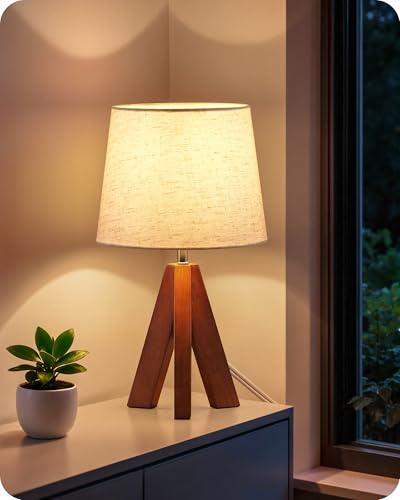 GOEBLESON Tripod Table Lamp, 14.6 Inch Small Bedside Lamp with Beige Linen Shade, Modern Nightstand Lamp for Bedroom, Kids Room, Living Room, Nursery, Office, E26 Socket, Dark Wood Base, LE51TL05