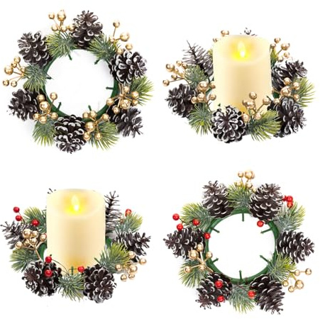 ZYOOO Weihnachtskerzen Ringe,4 Stück Adventskranz mit künstlichen Tannenzapfen, Beeren & Nadeln Tischkranz für Weihnachten Tisch Hochzeit Deko
