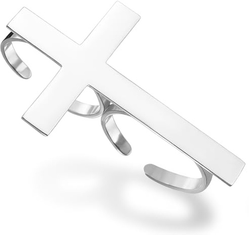 VASSAGO Cross Ring for Women Men Stainless Steel Adjustable Cross Two Finger Rings Dainty Wedding Stackable Band Catholic Christian Religious Faith Amulet Jewelry Baptism Gift (Silver 2)