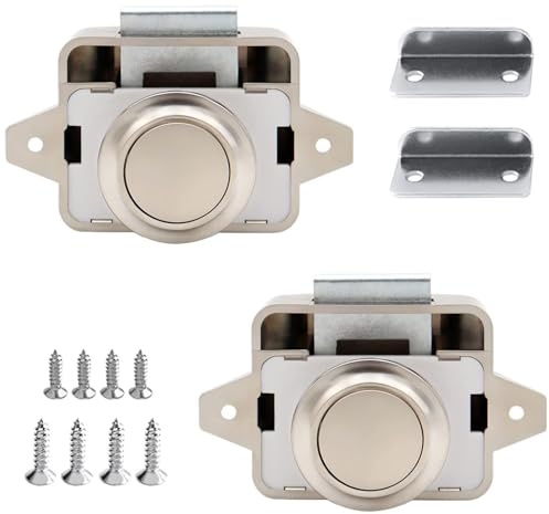 2 Stück Aluminiumlegierung Button Schloss, Druckschloss, Push Lock Schloss Wohnmobil, Push Button Catch Door Lock, mit Schraube, für Schränke, Schubladen, Schränke, Wohnwagen(Nickelfarbe)