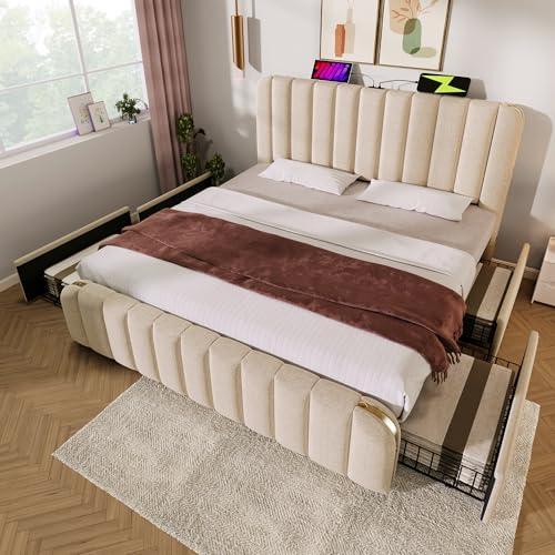 Generisch Letto imbottito doppio 180 x 200 cm con stazione di ricarica USB di tipo C • Testiera imbottita in lino beige • 4 cassetti + portata 226 kg • Camera da letto soluzione completa