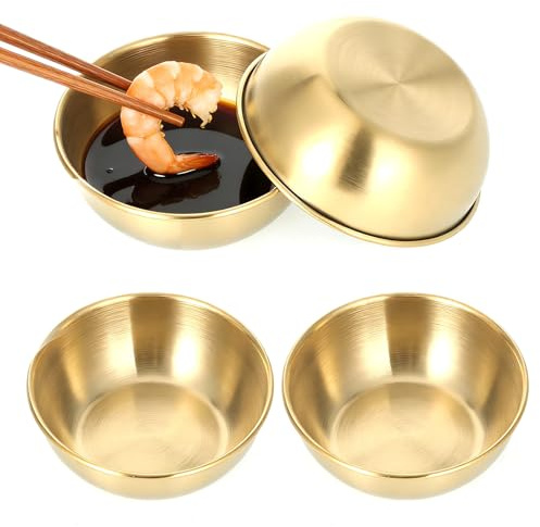 Zelphvt 4 Pack 3.2 Inch Gold Bowls Small Dipping Bowls Stainless Steel Sauce Dishes Mini Individual Sauce Cups Seasoning Soy Sushi Dipping Bowl Charcuterie Board Appetizer Plates, Golden