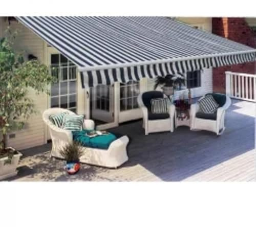 Store à bras articulé, motorisé, 600 cm, bleu/blanc, cadre en aluminium avec renfort en métal et tissu revêtu de polyuréthane, store de terrasse pour jardin, balcon, résistant aux intempéries et