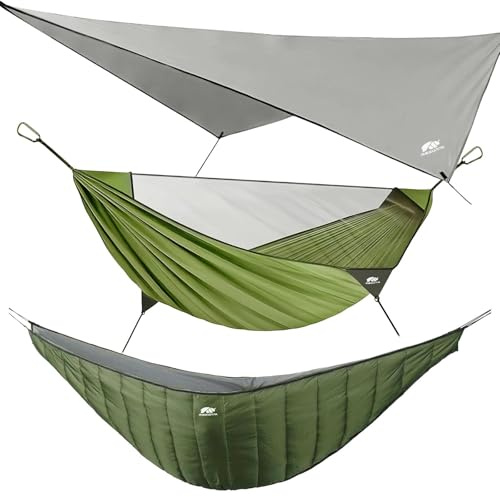 MIKKUPPA Hängematte Outdoor Set mit Moskitonetz Regenschutz Underquilt | 210T Fallschirm Nylon für Camping Trekking Reise Garten 4 Jahreszeiten,350kg Belastbarkeit