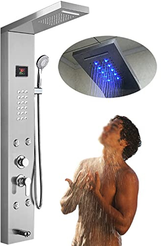 ANXYYDS Panel de Ducha de Acero Inoxidable LED Columna de Ducha, Sistemas de Ducha de Lluvia, alcachofa de Ducha, Set de Ducha de Masaje Silver