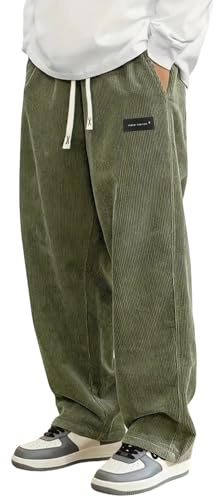 Generico Pantaloni Giapponesi Uomo Pantaloni Baggy Uomo Invernali Pantalonis Giapponesi a Coste Largo Taglio Dritto con Vita Elasticizzata e Cordino Baggy Elasticizzati Casual Pantalone (c-Green, L)
