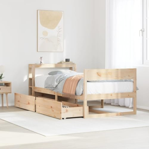 Ordellia Massivholzbett 90x200 cm aus Kiefernholz, mit Lattenrost, 2 Schubladen und Kopfteilablagen, freistehend, für Schlafzimmer, unbehandeltes Holz