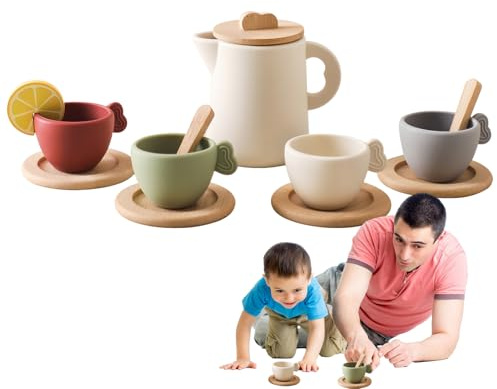 Teeservice für Kinder – Teeservice aus Holz und Silikon | 9,5x8 cm Tasse 6x3,5 cm Tablett | Lernspielzeug für Mädchen und zum Weihnachtsgeburtstag