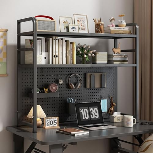 Estanteria Escritorio 55 75 95 115 135cm Estante Escritorio Agrandado Multiusos de 2 Niveles Librería de Sobremesa para Ordenador con Placa Perforada para Dormitorio, Oficina, Hogar(Black,75cm)