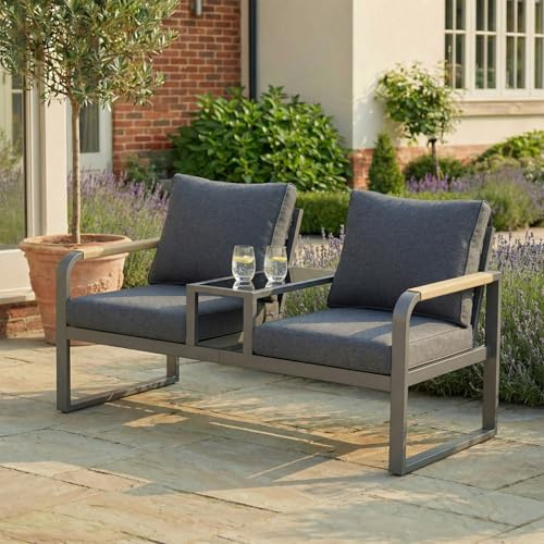 Merax Gartenmöbel Set 2 Sitzer, Outdoorsofa mit Tisch Glasplatte, Gartensofa Balkonmöbel aus verzinktem Stahl mit geflochtenen Armlehnen, Loungesofa für Balkon Terrasse Garten, Industriestil, Grau