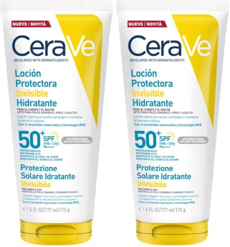 CeraVe Loción Protectora Invisible Hidratante SPF 50+, con 3 ceramidas esenciales, apta para cuerpo, rostro y todo tipo de pieles 177 ml (Paquete de 2)
