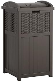 Suncast 33 Gallon Commercial Outdoor Trashcan Hideaway with Lid for 30 to 33 Gallon Trash Bags for Garage, Backyard, or Garden, Brown