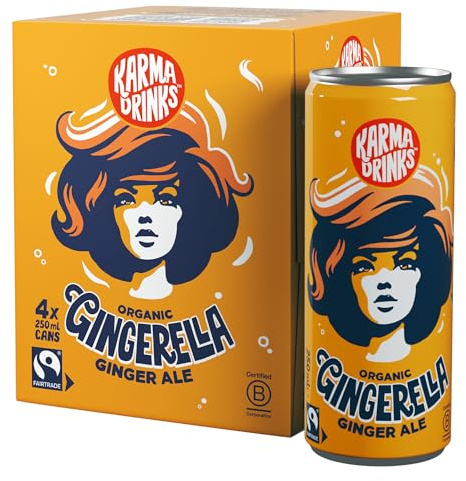 Karma Drinks Gingerella Ginger Ale - 4 x 250 ml Cans - Natural Fizzy Soft Drinks, Fairtrade, Organic & Vegan