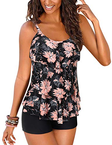 DOULAFASS Women Ruffle Tankini Set with Boyshort 2 Piece Plus Size Swimsuit Swimwear Pink Black