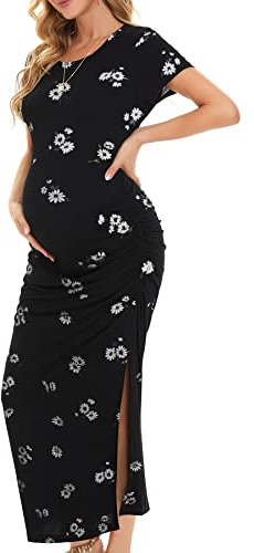 Smallshow Women's Split Long Maternity Dress Ruched Short Sleeve Maternity Clothes SVP121 M