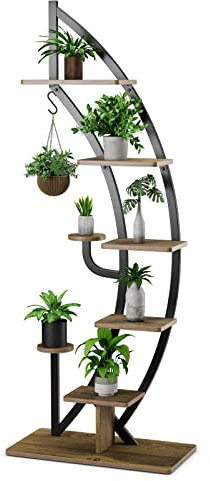 KOMFOTTEU Soporte para Plantas de 7 Niveles, Estante de Macetas Decorativo con Marco Metálico, Escalera de Exhibición para Flores, Estantería Curvada para Jardín, 60 x 30 x 155 cm (Negro, 1 piezas)