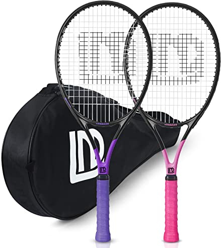 LUNNADE Adult Tennis Rackets 2 Pack, Durable 27 Inch Coupled Tennis Racquet Light-Weight, Pre-Strung and Regrip, Suitable for Beginners to Intermediate Players