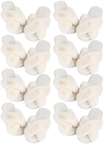 Liitrsh 8 Pairs Women's Cross Band Slippers Fuzzy House Slippers Plush Furry Bridesmaid Shoes Open Toe Soft Warm Shoes(Classic,Us 7-8,White)
