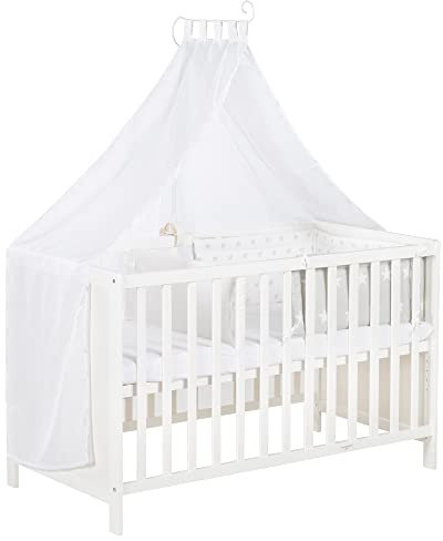 roba Multifunktionsbett Sterne grau mit Beistellfunktion, Lattenrost, Matratze, Bettreduzierer, Himmel, Himmelstange, Kinderbett, Anstellbett, Babybett, höhenverstellbar, Liegefläche 60x120 cm, weiß