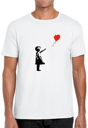 SERIVAL T-Shirt Banksy Ragazza Palloncino Cuore Maglietta Street Art (Bianco, L)