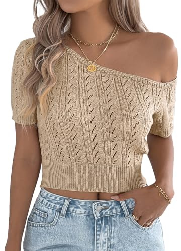 FEOYA Femmes T-Shirt Épaules Dénudées Chemisier Casual Manches Courtes Top Blouse Pull en Tricot Chic et Elegant Kaki S