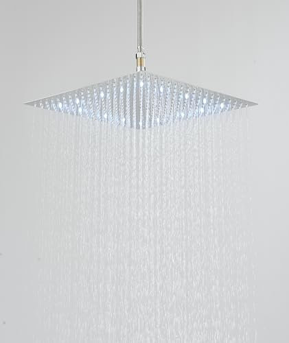 Hevenaov Alcachofa de ducha LED, 16 pulgadas, acero inoxidable, cabezal de ducha de lluvia con boquillas autolimpiables, cabezal de ducha de lluvia, cuadrado, cromo (40 cm)
