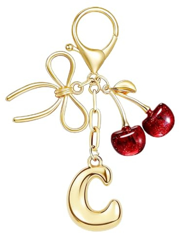 MWOOT Porte clés lettres bulles avec pendentif nœud et cerise, jolis Porte clés cerise pour femmes, Breloques pour sac à main, sac à dos, rouge,C