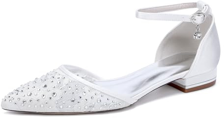 Yhsdfcn Spets och Satin Mix Bröllopsskor Dam Platta Brudskor Strass Spetsiga Ballerinaskor d'Orsay Ankelrem med Kristallhänge Bekväma Festskor Elegant,White,36 EU
