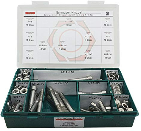 Set DIN 912 Zylinderkopfschrauben M12 Edelstahl A4 mit Muttern + Scheiben | Sortiment M12 DIN 912 Zylinderschrauben Innensechskant Unterlegscheiben DIN 125 127 9021 Muttern DIN 934 985 103 Teile