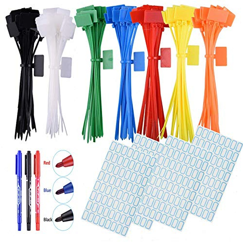 Étiquette en nylon de câble de cravate en nylon 250pcs, étiquette de puissance de lanière auto-bloquante avec 3 étiquettes et 256 étiquettes de câble auto-adhésives