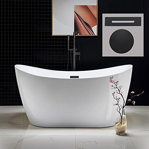 WOODBRIDGE 59 Acrylic Freestanding Bathtub Contemporary Soaking White Tub with Matte Black Overflow and Drain，B0016 -MB-Drain &O