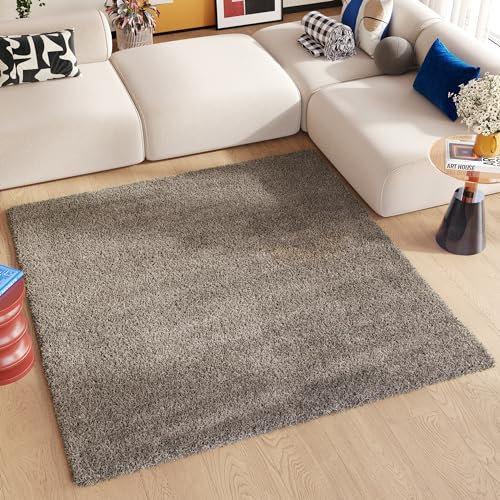 TAPISO Essence Alfombra Cuadrada de Pelo Largo, Moderna, Gris, marrón, Gris Pardo, moteada, Alfombra para salón, Dormitorio, Adulto, niño, Alfombra de Noche, Suave, Gruesa, Oeko-Tex, 120 x 120 cm