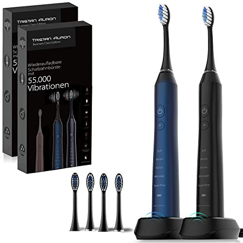 Tristan Auron Doppelpack mit 55.000 Schwingungen 5 Putzmodi 60 Tage Akku 4 Bürstenköpfe - Schallzahnbürste Business Edition (blau/schwarz)