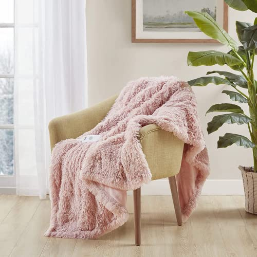 Serta Mila Shaggy Heated Throw Blanket - Soft Faux Fur Heated Blanket, Fast Heating, Auto Shut Off Timer, Low EMF, 5 Heat Setting, ETL Certified, Machine Washable Electric Blanket, Blush 50x60