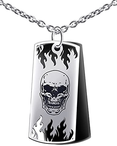 Feilok Herren Anhänger Halskette mit Skelett Flamme Anhänger Edelstahl Hundemarke Männer Halsketten Hip-Hop Kette Silber Militär Stil