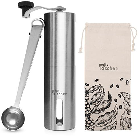 Joeji's Kitchen Molinillo Café Manual con Grosor de Molienda Ajustable - Molinillo de Cafe de Acero Inox y cerámica - Molinillo de Granos de café con Bolsa de Arpillera Cuchara y Cepillo de Limpieza