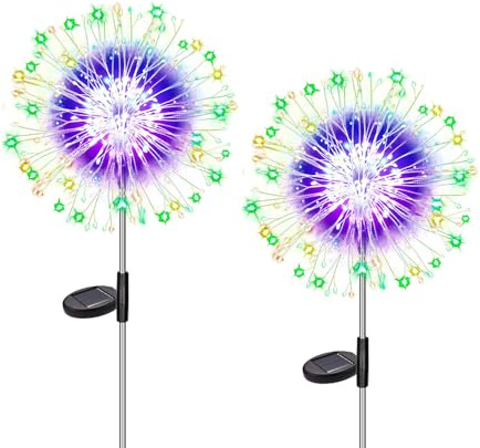 Dekofun 2 Pack 120 LED Firework Solar Lights, Outdoor Garden Stake Lights | 8 Lighting Modes Waterproof Starburst Stake Lights, Outdoor Decor for Plant Pots, Lawn, Pathway Patio Yard, Rockery & Wedding