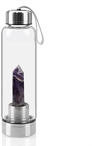 SAHKGYE Bottiglia d'Acqua in Cristallo Naturale Borraccia Riutilizzabile in Vetro Gemma con di Cristallo di Quarzo Naturale Gemstone Center Healing Obelisk Bacchetta Elisir Bottiglia d'Acqua