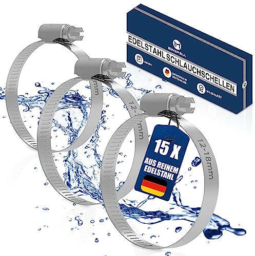 EMIPRA® Schlauchschellen Set [12-18mm, 15 Stk] - optimierte Geometrie für besonders einfache Rotation - Schlauchschellen Edelstahl rostfrei gemäß DIN 3017 W4