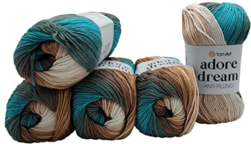 5 x 100 Gramm Ilkadim Export Adore dream antipilling Strickgarn, Wolle mehrfarbig, 500 Gramm Farbverlauf Strickwolle (braun beige creme ua 1055)