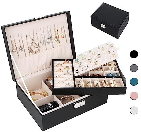 Homtibrm Schmuckkasten, Schmuckkästchen mit 2 Ebenen, PU-Leder Schmuckbox Schmuckschatulle Groß Schmuck Organizer für Ringe Ohrringe Armbänder Halsketten, Schwarz