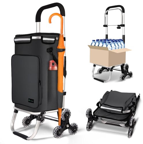 VOUNOT® Carrello Spesa Pieghevole in Alluminio, Carrello Portaspesa 6 Ruote con Borsa Termico e Ganci, 60 L, Nero