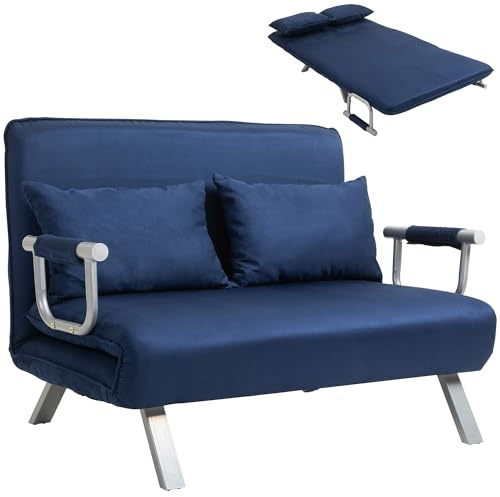 HOMCOM - Sofá cama de 2 plazas, sillón convertible con respaldo ajustable en 5 posiciones, chaise longue con 2 cojines incluidos, sofá de revestimiento de gamuza desenfundable, 111x80x78cm, azul
