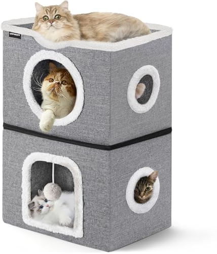 URPOWER 2 Story Cat Bed, Large Cat House for Indoor Cats Covered Cat Cave with Hideaway, Scratch Pad and Fluffy Ball, Foldable Cat Cube Condos Kitten Beds & Furniture for Multiple Small Pets